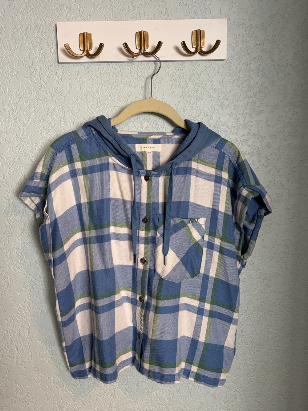 Cleo + Wolf Blue & White Plaid Hooded Short-Sleeve Shirt Women’s XS